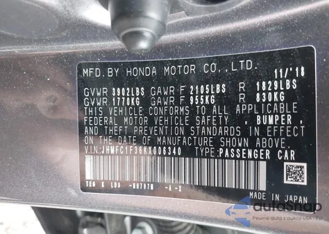 2019 Honda Civic Ex из США, поврежденный, VIN JHMFC1F36KX006340